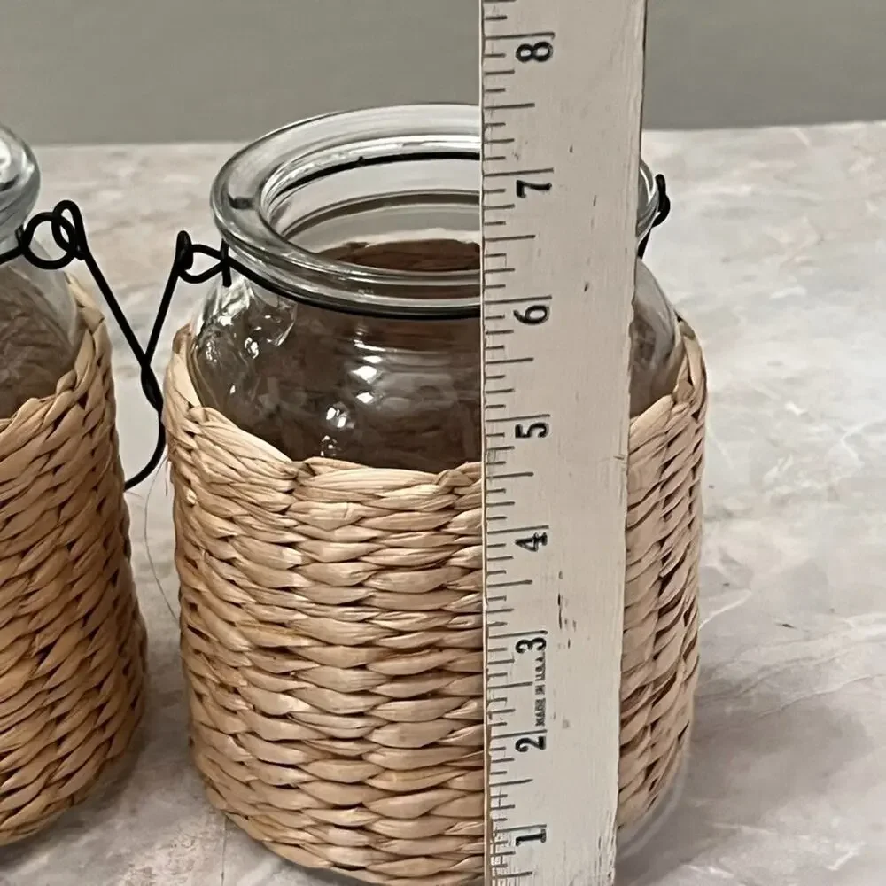 Wicker Glass Jar With Black Metal Handle Multi-Purpose Candle Plant Boho